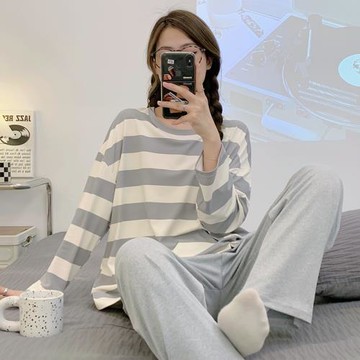 純棉長袖睡衣女2023年條紋新款春秋季學生外穿韓版兩件套裝家居服