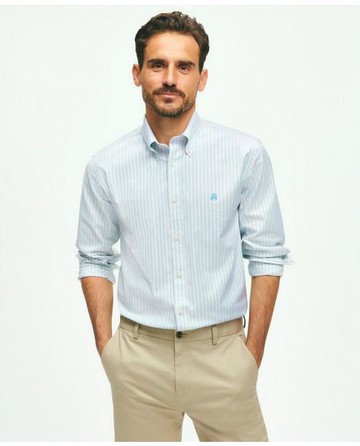 Brooks Brothers Men's Stretch Cotton Non-Iron Oxford Polo Button Down Collar, Striped Shirt | Marine Blue | Size XS