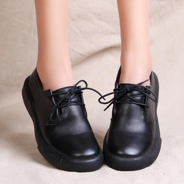 2023春季歐美新款真皮系帶女鞋圓頭平底低跟小皮鞋休閑鞋女單鞋子