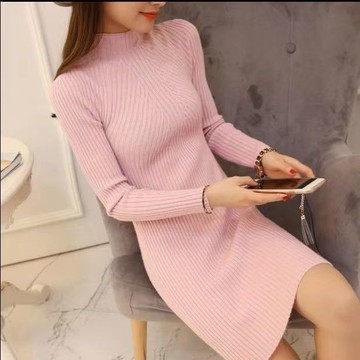 加絨時尚修身顯瘦高領連衣包臀裙女韓版大碼長袖中長款打底T恤厚 套頭連衣裙女過膝長裙大碼女裝中長款連衣裙