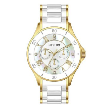 Rhythm 日本麗聲鐘時針 羅馬數字指針腕錶 (C1402T03) 白x金 45mm｜樂天全館特惠中★指定刷卡回饋10%