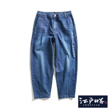 江戶勝 男裝 海浪紋路印花丹寧鐘型褲-中古藍