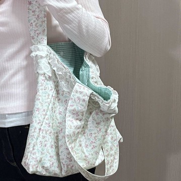 日系簡約帆布包碎花帆布包女2026新款時尚百搭單肩包休閒通勤托特包蕾絲邊手提包手提袋 腋下包 側背包 上班小包 帆布袋