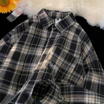 美式vibe格子襯衫男款春季潮牌百搭復古長袖襯衣高街休閑情侶外套鑫弘-衣錦男裝