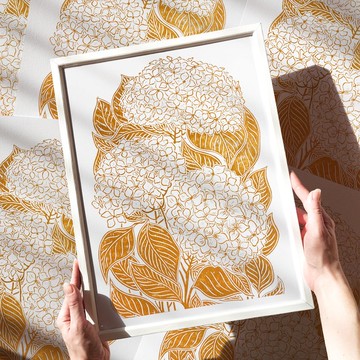 赭石繡球花亞麻油氈版畫原創藝術品植物牆藝術裝飾