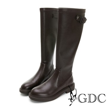 GDC-騎士風純色俐落瘦腿款圓頭低跟長靴-咖啡色