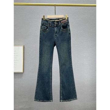 ins歐貨牛仔微喇褲女潮2024年秋季新款棉彈高腰修身顯瘦毛邊長褲