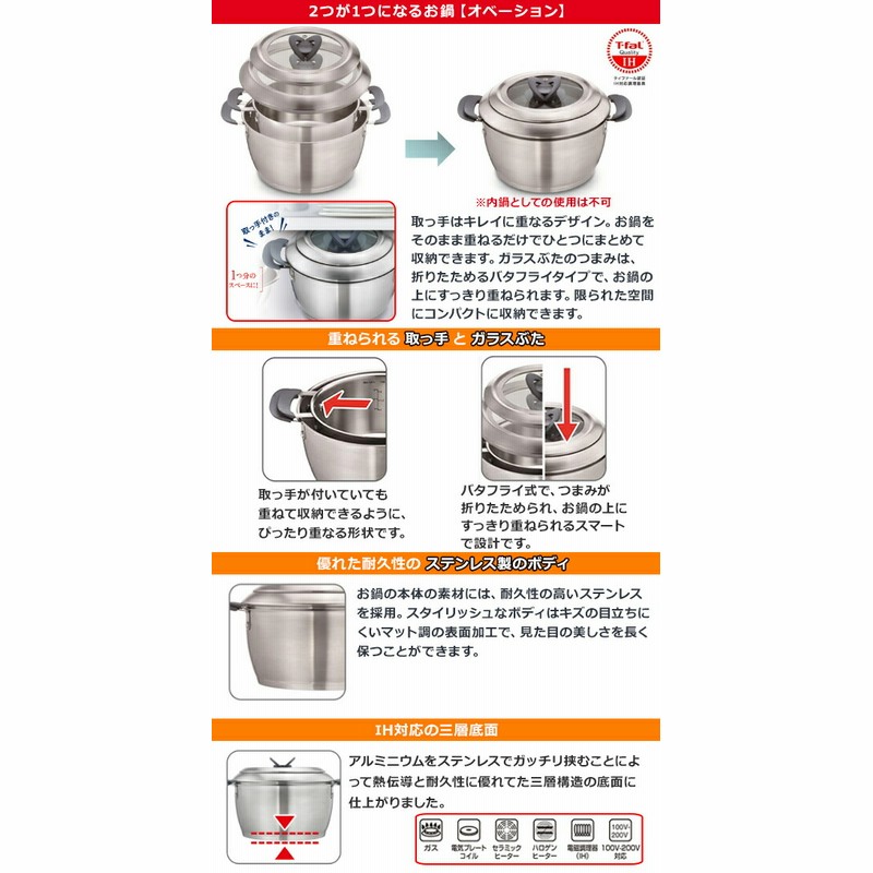 ティファール ステンレス製 シチューパン（両手鍋）＆ガラス蓋セット
