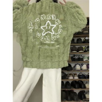 美式復古星星圖案刺繡羊羔毛外套女寬松加絨加厚棉服中性風外套冬