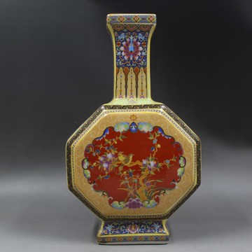 清雍正年制描金琺瑯彩花鳥四方大肚瓶古董古玩高仿古瓷器擺件收藏1入