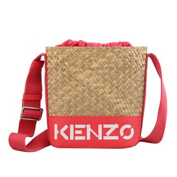 KENZO 簡約LOGO草編織布抽繩束口水桶包.桃邊