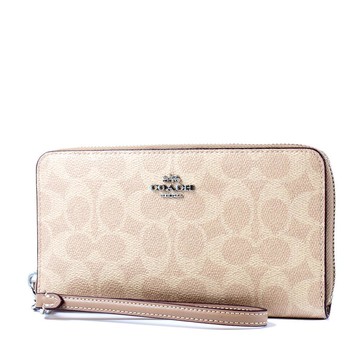 COACH 緹花LOGO防刮全開拉鍊手掛式長夾-灰褐附活動卡夾