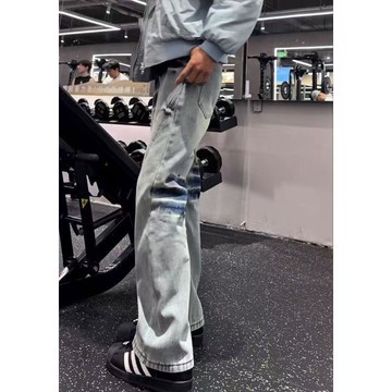2026新款水洗藍色閃電紋牛仔褲男美式高街vibe褲子修身微喇彎刀褲  美式復古 水洗做舊 褶皺
