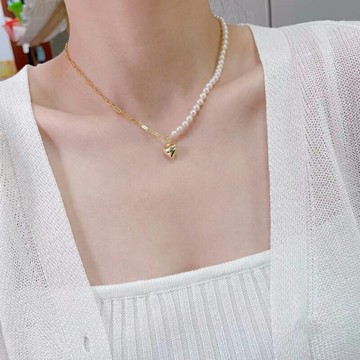 DIY配件 S925純銀項鏈空托愛心吊墜半珠鏈搭配珍珠玉石手工串珠鏈