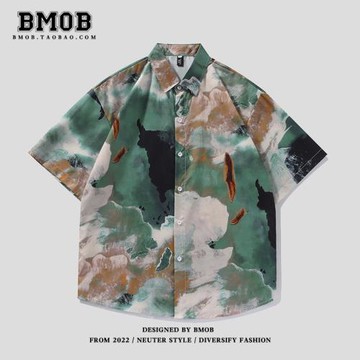 BMOB古著復古油畫滿印短袖襯衫男潮牌設計感痞帥街頭休閑襯衣外套