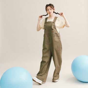 【Dailo】撞色率性鈕釦吊帶長寬褲 米 咖