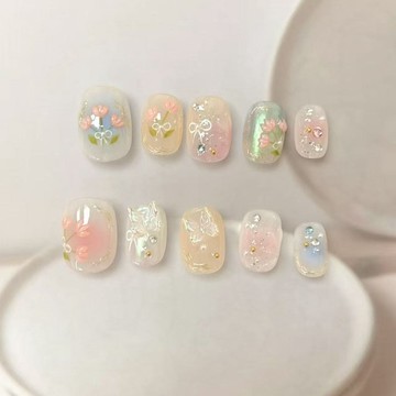 🌸手工美甲🌸 新款穿戴半手工ins莫奈花園短款櫻桃可愛高階指甲美甲顯白貼片