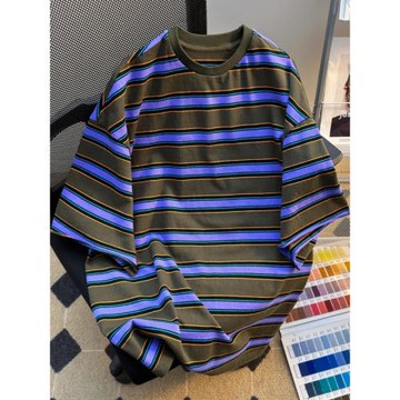 條紋短袖t恤男士夏季潮牌ins寬松情侶半袖體恤美式復古情侶裝上衣