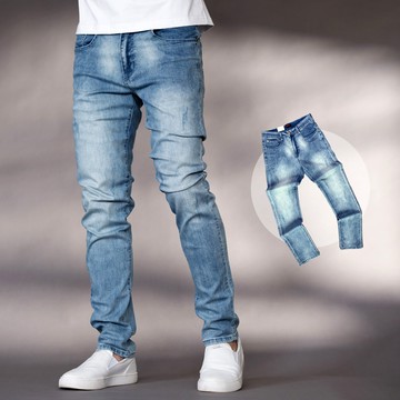 【NB1909J】夏日輕薄款中藍刷白全素面彈性牛仔褲長褲(UC2257)