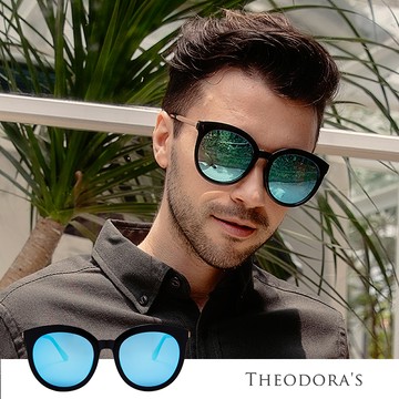 [出遊必備/全館禮盒包裝]【Theodora's】 Theia 中性款大鏡面黑膠框偏光墨鏡-藍綠