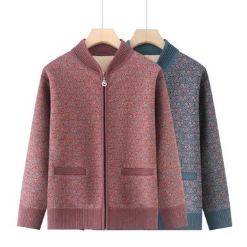 [米蘭精品] 現貨+預購 高級針織衫上衣秋冬毛衣開衫寬鬆大碼休閒女裝媽媽裝-立領圖騰刷毛女外套2色74mo49