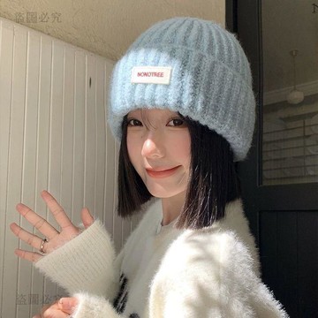 滿額免運🎏藍色針織毛線帽女2025秋冬季大頭圍百搭帽子顯臉小保暖護耳包頭帽a95e