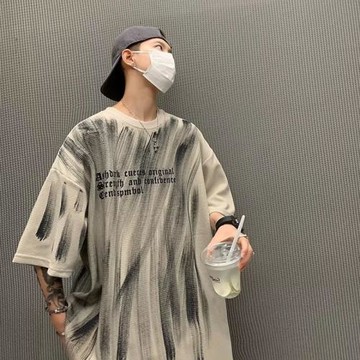 涂鴉t恤男短袖夏季美式復古半袖上衣潮流百搭休閑衣服男士體恤衫