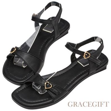 【Grace Gift】甜美印象雙帶愛心扣平底涼鞋 黑