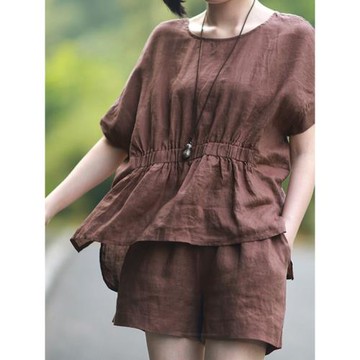 夏新苧麻文藝復古寬松大碼松緊腰褶皺上衣套裝棉麻短褲休閑兩件套