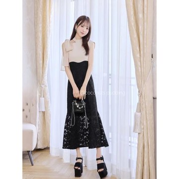 (免運)Michelle【戀戀甜莓】蝴蝶結修身魚尾連衣裙 日系露肩長裙