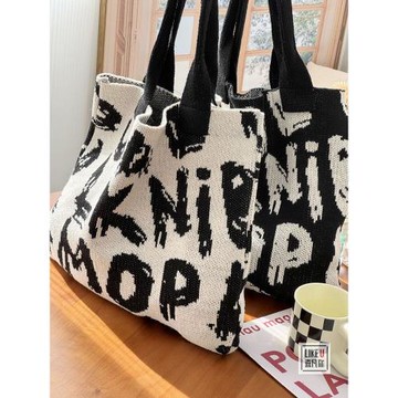 原創設計加厚針織毛線涂鴉字母大容量單肩布袋慵懶百搭手提托特包
