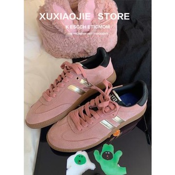 真皮經典三杠德訓鞋女款2025新款百搭拼色圓頭厚底休閑鞋運動板鞋