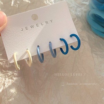 克萊因藍白耳圈~簡約小巧耳釘ins耳環女2021年新款潮氣質耳飾銀針