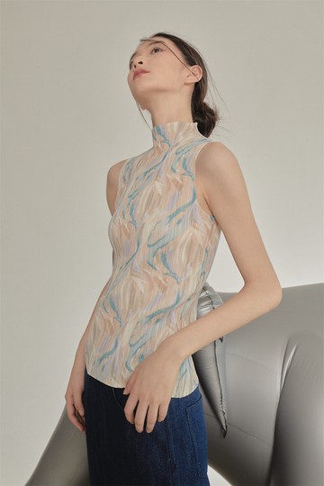 溫柔和風印花 手工壓褶三宅風無袖高領背心 僅上衣