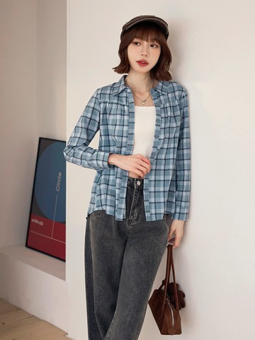 純棉格紋後交錯開衩襯衫上衣