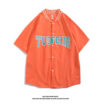 美式復古字母印花短袖襯衫男夏季新款潮牌街頭嘻哈棒球服襯衣外套