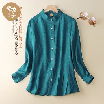 紫格子襯衫女休閑女裝春夏亞麻上衣女顯瘦棉麻立領小衫九分袖襯衣