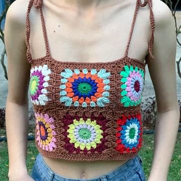 女士奶奶方格鉤織修身無袖露臍上衣 波希米亞風格