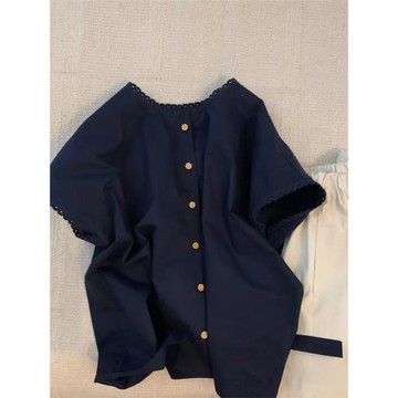 洋氣獨特溫柔花邊短袖襯衫女夏氣質輕熟小眾款式顯瘦短袖圓領上衣