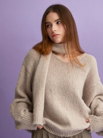 V Neck Pullover Oversized Knit Muffler Set (BEIGE)