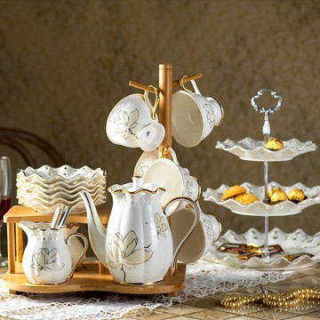 描金邊咖啡具套裝花茶具家居陶瓷結婚新婚送禮物創意實用高檔骨瓷