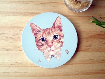 小動物圓滾滾陶瓷杯墊 / 領結貓