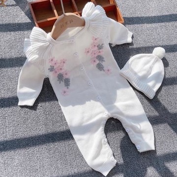 韓國針織手工繡花哈衣春秋爬服