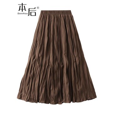 0838 百搭亂褶百褶a字半身裙秋冬女中長款2025新款高腰顯瘦a字裙