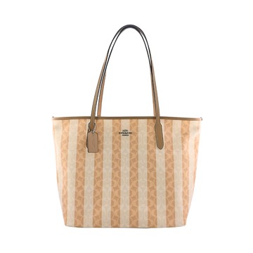 COACH沙/棕色C Logo PVC條紋印花肩背托特包