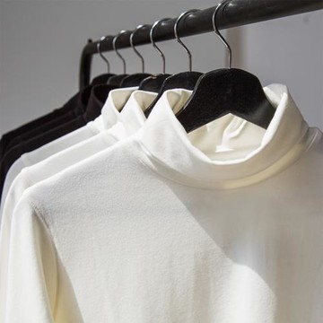 秋冬純色棉質萊卡高領長袖T恤 白色彈性修身百搭打底衫基礎男女款