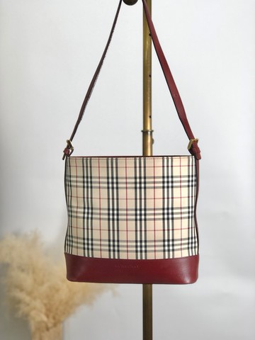 【 日本直送 名牌中古包 】BURBERRY 博柏利 格紋 手提包 米色×紅色 帆布×皮革 托特包 復古 y6b6m