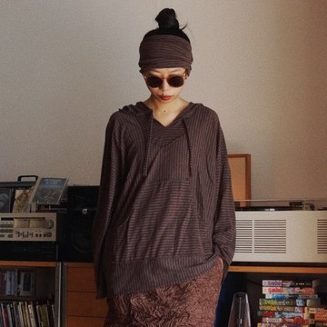 紅灰條紋 寬鬆連帽長袖巴上衣 羊絨羊毛針織彈力軟糯針織衫