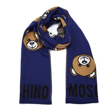 MOSCHINO 經典泰迪熊滿版混紡羊毛圍巾(013 海軍藍)