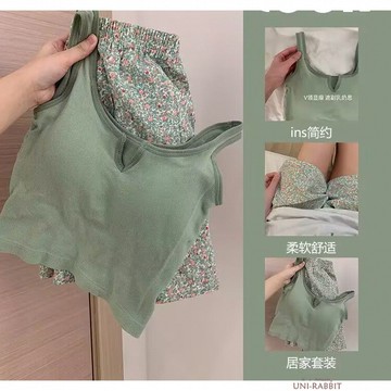 無縫帶胸墊吊帶睡衣女夏季運動背心甜美碎花短褲可外穿家居服套裝女士吊帶背心睡衣女士居家吊帶無袖睡衣女生休閒睡衣